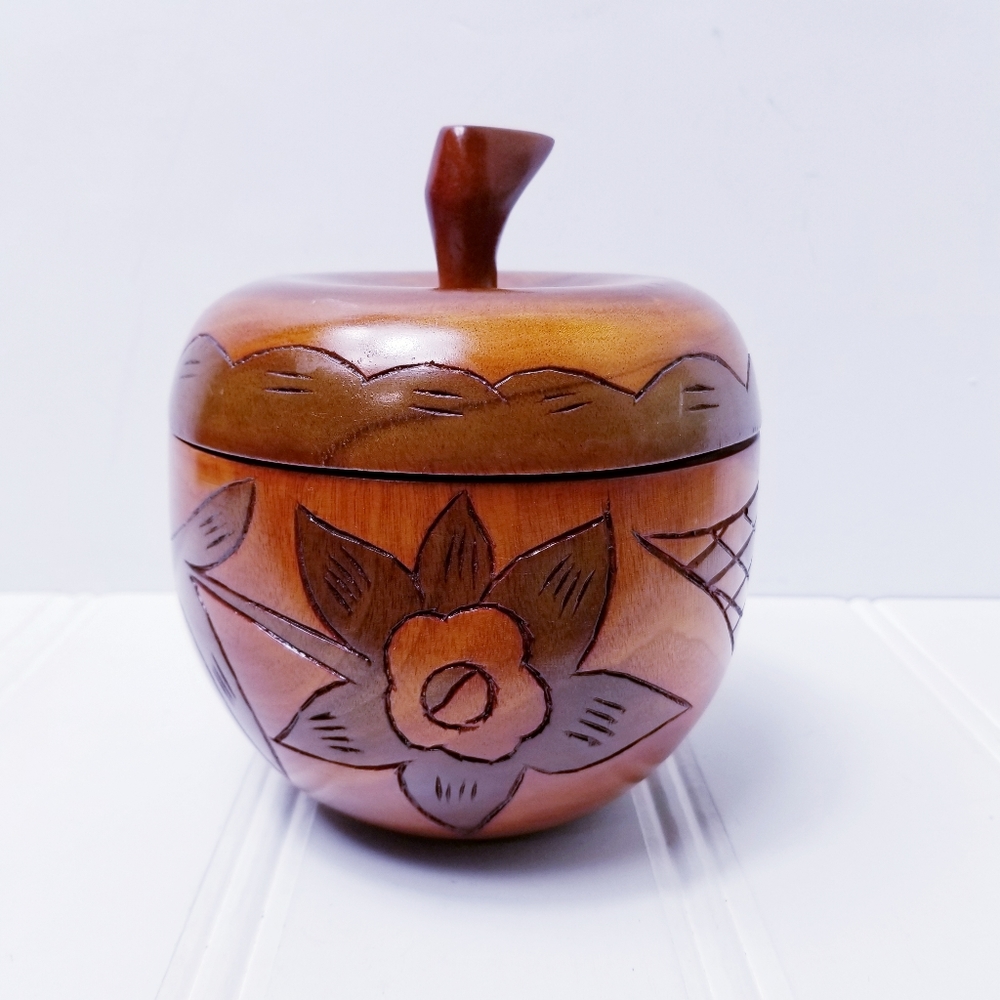 Handcarved Wood Apple Jar Floral Engraved Lid Rustic Boho Decor Artisan Gift